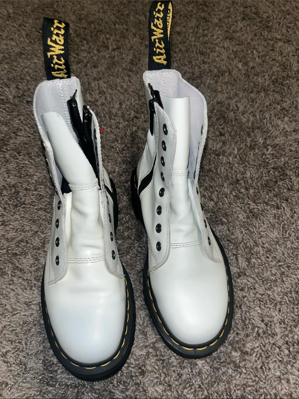 Dr. Martens White 8-Eye Lace-Up Combat Boots with Yellow Stitching